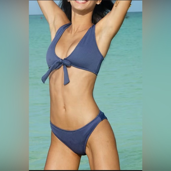NWT Cupshe Deep Love Solid Bikini Set Tie Knot Mid Slate Ribbed Blue Size L - Picture 2 of 11